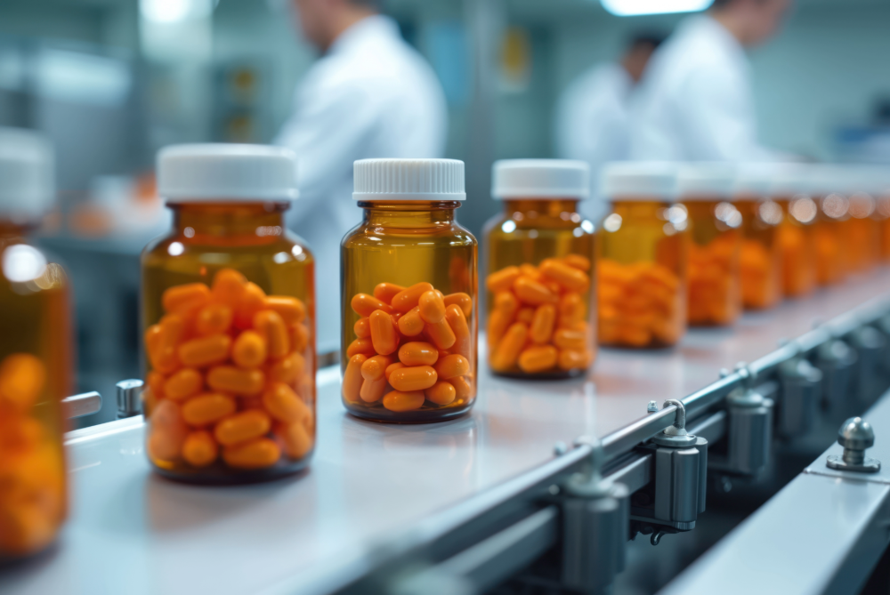 pill bottles on a production line